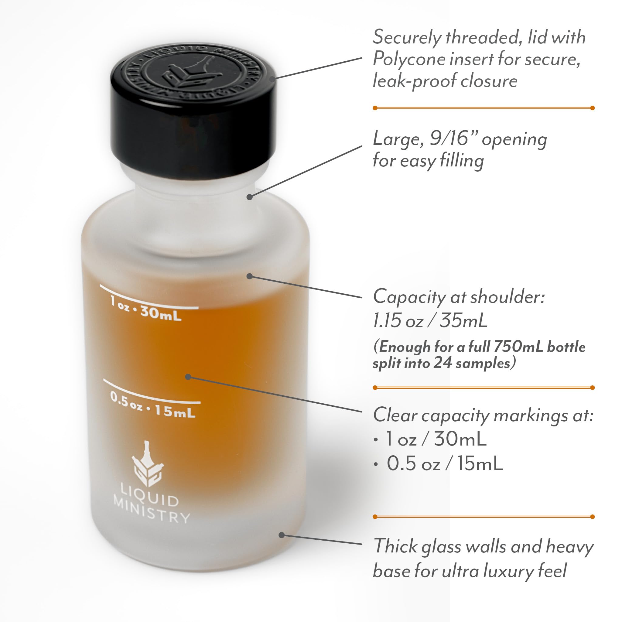 Botellas pequeñas de muestra de vidrio esmerilado transparente esmerilado con marcas de capacidad, tapas | 1 onza + a prueba de fugas y perfectas para whisky, aceites, viajes, jugo y