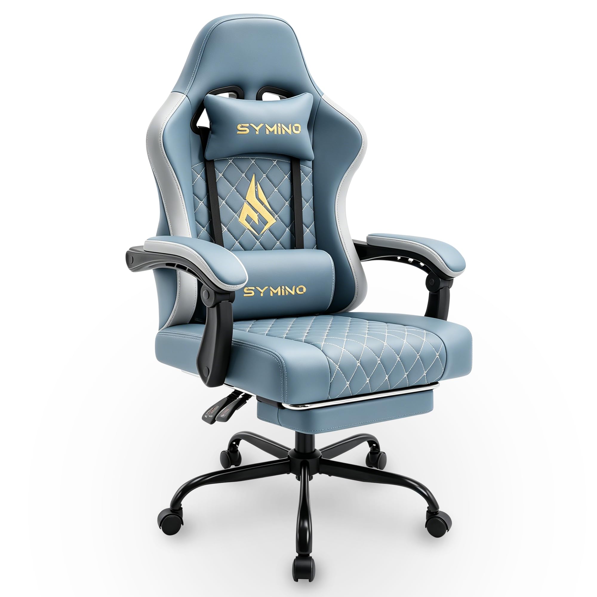 Symino Silla Gaming Ergonómica con Asiento de Espuma Alta Densidad – 150 kg, Reclinable con Soporte Lumbar, Reposabrazos Ergonómicos, Giratoria 360° para Oficina y Escritorio