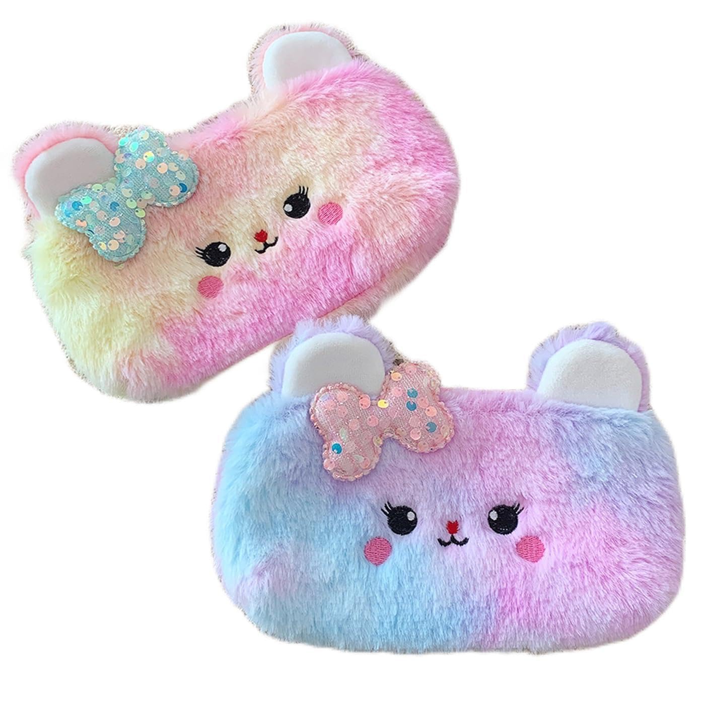 BetterJonny 2 Pcs Fluffy Pencil Cases, Rainbow Plush Pencil Case, Bear Stationery Pencil Case(A)