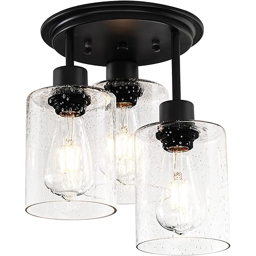 FRIDEKO Home Semi Flush Mount Ceiling Light, 3-Light Industrial Black Matte Light Fixtures Ceiling Mount Hallway Light Fixtures with Clear Seeded Glass Shades for Kitchen Entryway Bedroom Foyer Porch