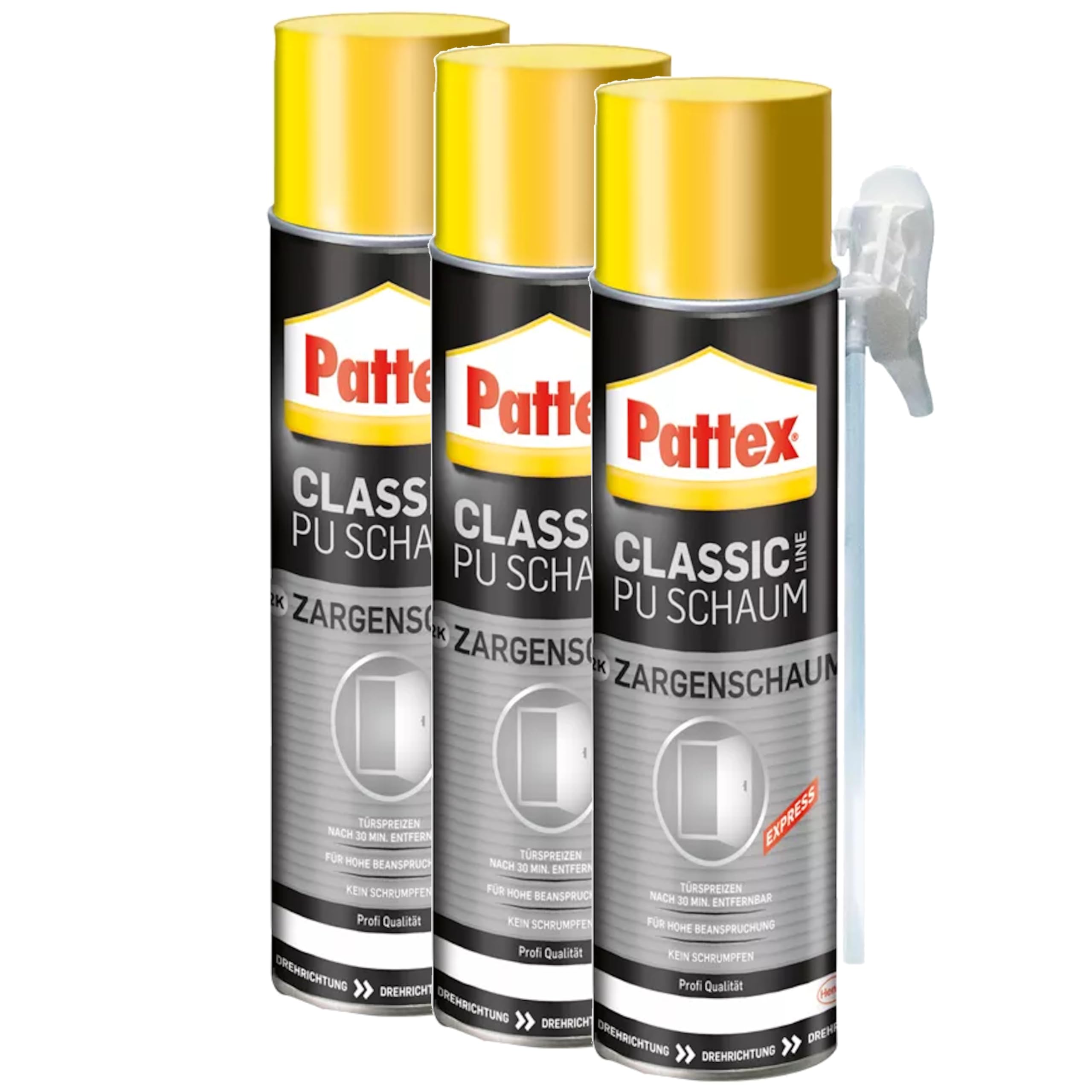 Pattex Classic PU-Zargenschaum, PU-Schaum mit höchster Formstabilität und für höchste Belastung, zum füllen und dämmen, 3x400ml
