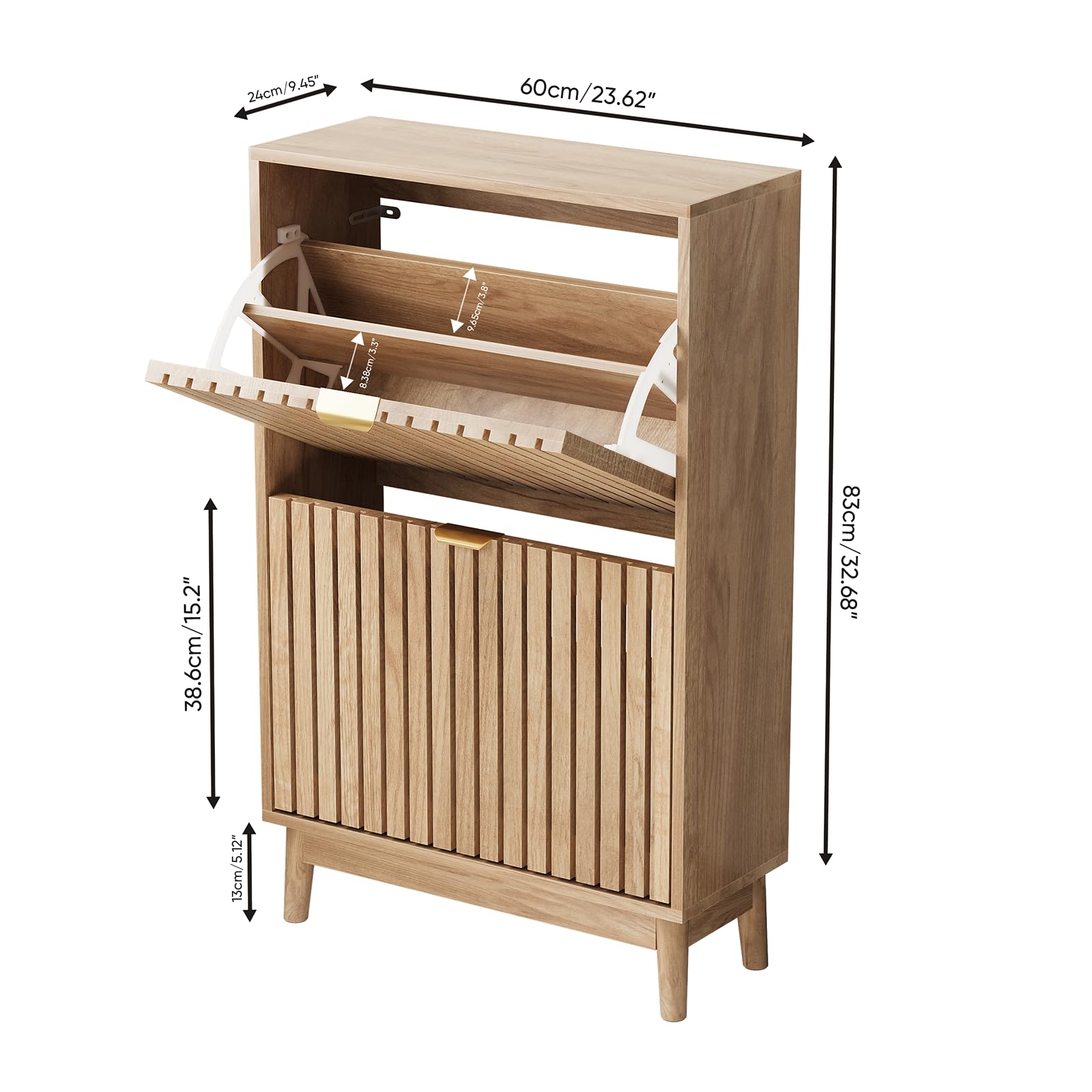 Kiasthome Mueble Zapatero de Madera con 2 Cajones Abatibles, Organizador de Zapatos con Puertas Rejilladas Ventiladas, Zapatero Moderno para Entrada, Pasillo y Salón (Natural, 60 cm)