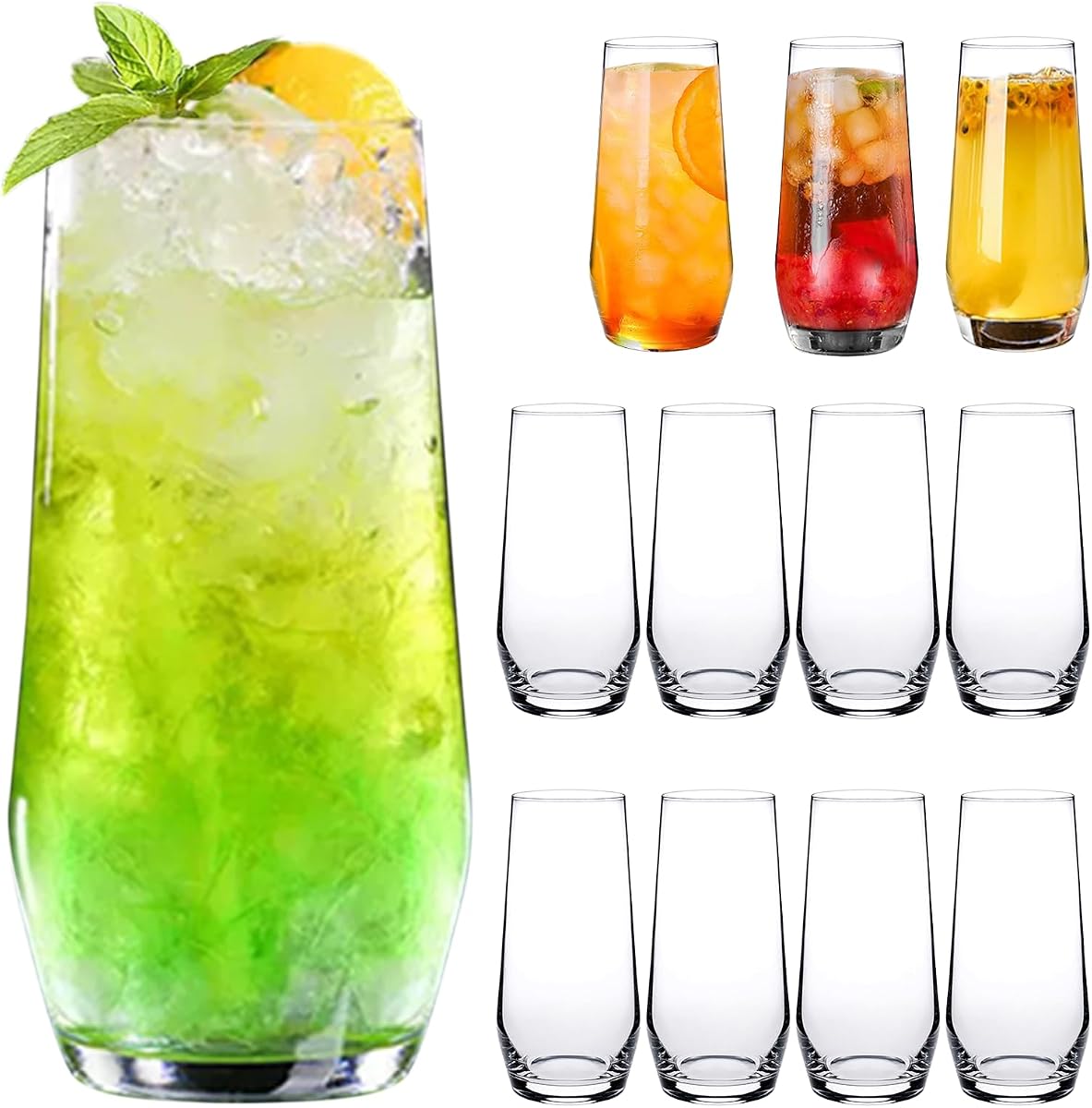 Vasos de cristal de 18 oz, vasos altos, juego de 12 | Vasos de agua, vasos de cristal Mojito, aptos para copas de vino, cócteles, oficina, fiestas, bodas y regalos.