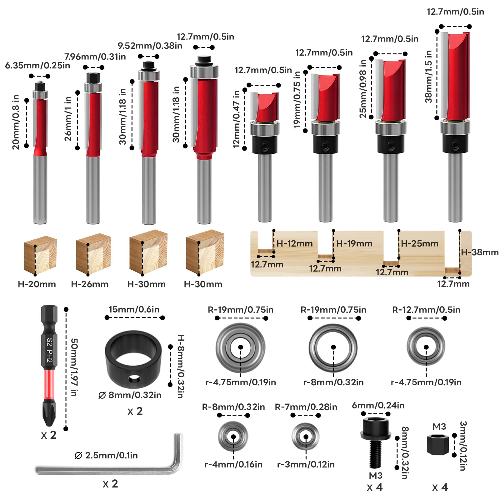10 frese a filo da 8 mm con 2 punte magnetiche a percussione, fusto da 8 mm, 6 cuscinetti, 2 chiavi, fresa da 8 mm, fresa per legno per fresa superiore in metallo duro