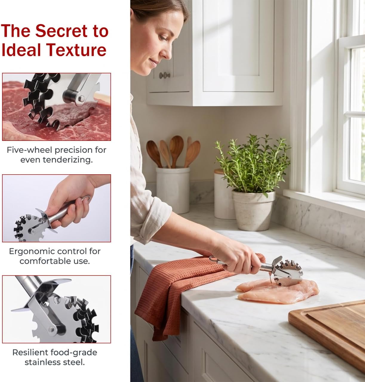 STOBAZA 5 Wheel Meat Tenderizer Roller Stainless Steel Hand Held Meat Tenderizer Tool for Steak Pork Beef Rolling for Kitchen Cooking Gadget 7.59 X 2.83 X 1.57 in image 5