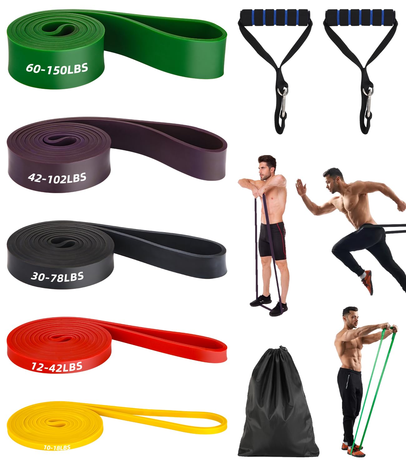 Bande Elastici Fitness di 5 Livelli di Resistenza, Bande Elastiche di Resistenza,Bande Elastici Fitness con Borsa, Maniglia, Moschettone, L'Allenamento Della Forza e La Terapia Fisica, Pilates,Yoga