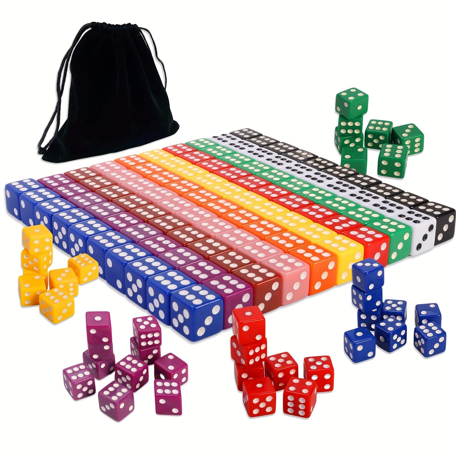 Photo 1 of 100PCS 16mm(0.63 inch) Game Dice Set – 10 Vibrant Colors, Square Cornered D6 Dice with Velvet Storage Bag – Ideal for Board Games, Teaching, Party, and Classroom Use