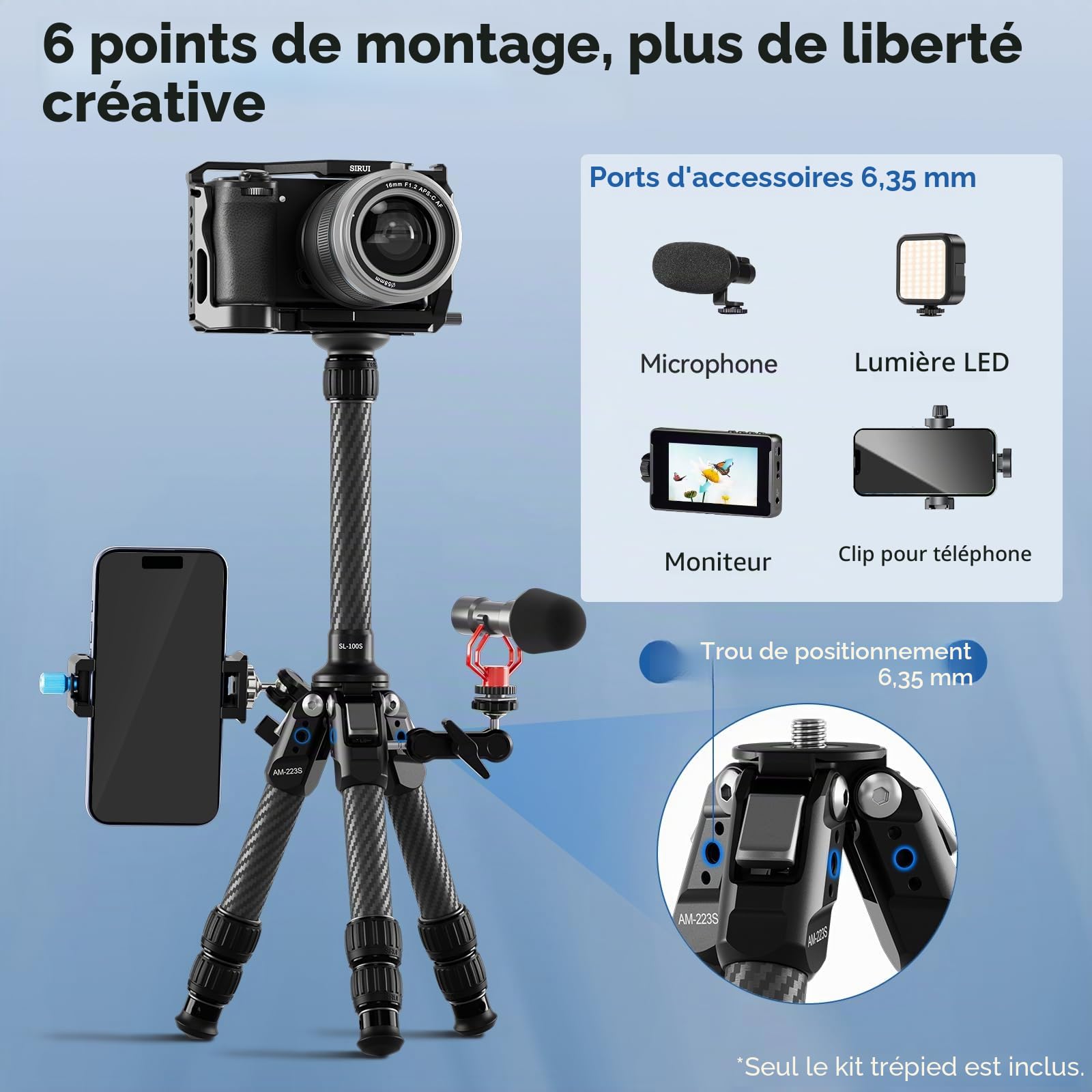 SIRUI Mini Trépied en Fibre de Carbone avec Colonne Centrale Extensible, Hauteur Maximale 66 cm, Supporte 15 kg - Ultra-Léger 0,7 kg pour Le Bureau et Les Voyages, AM-223S+SL-100S