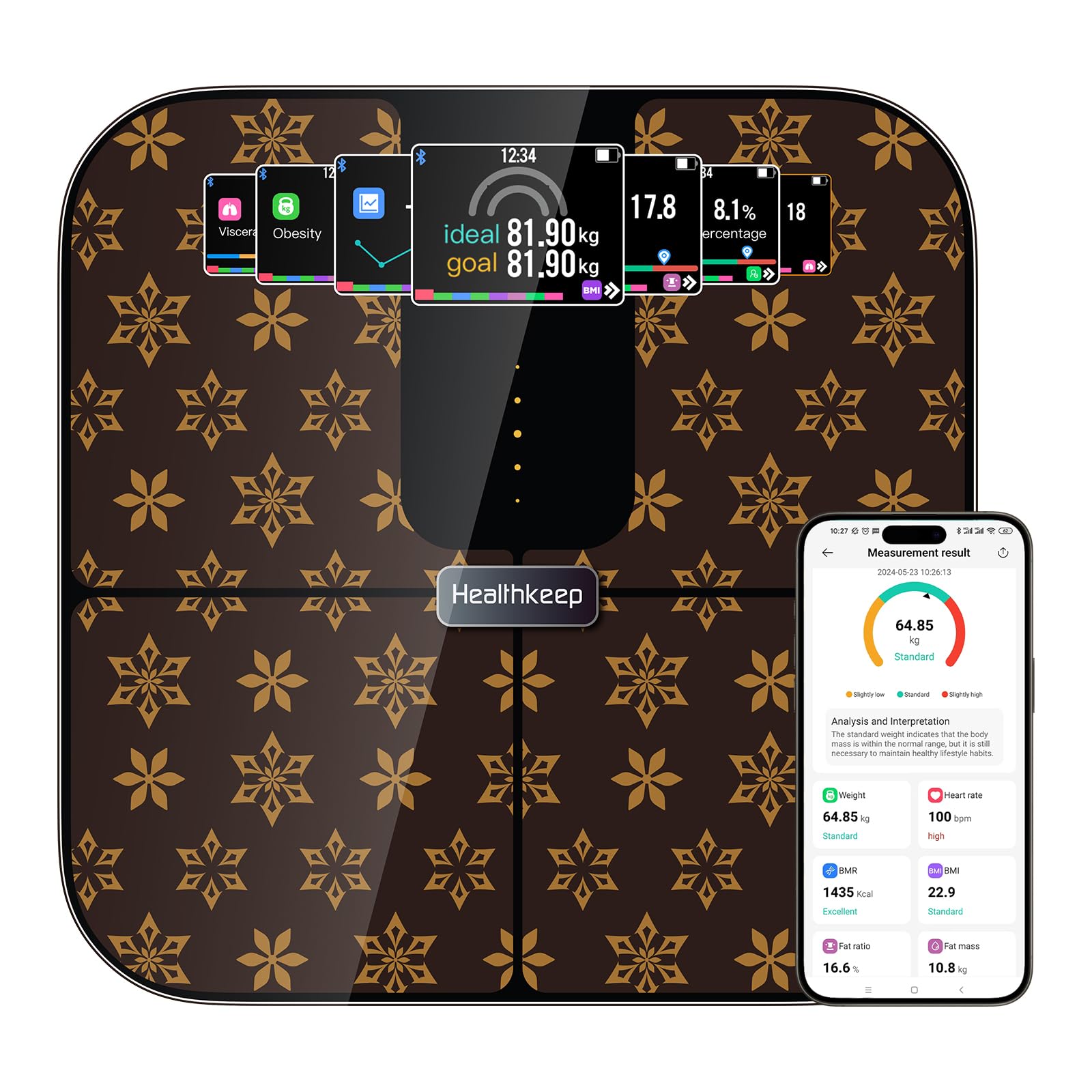 Healthkeep Waga osobowa Bluetooth z kolorowym wyświetlaczem TFT i technologią ITO, 25 danych ciała z aplikacją do pomiaru tętna dla Andriod i iOS 180kg/400lb/28st, brązowy