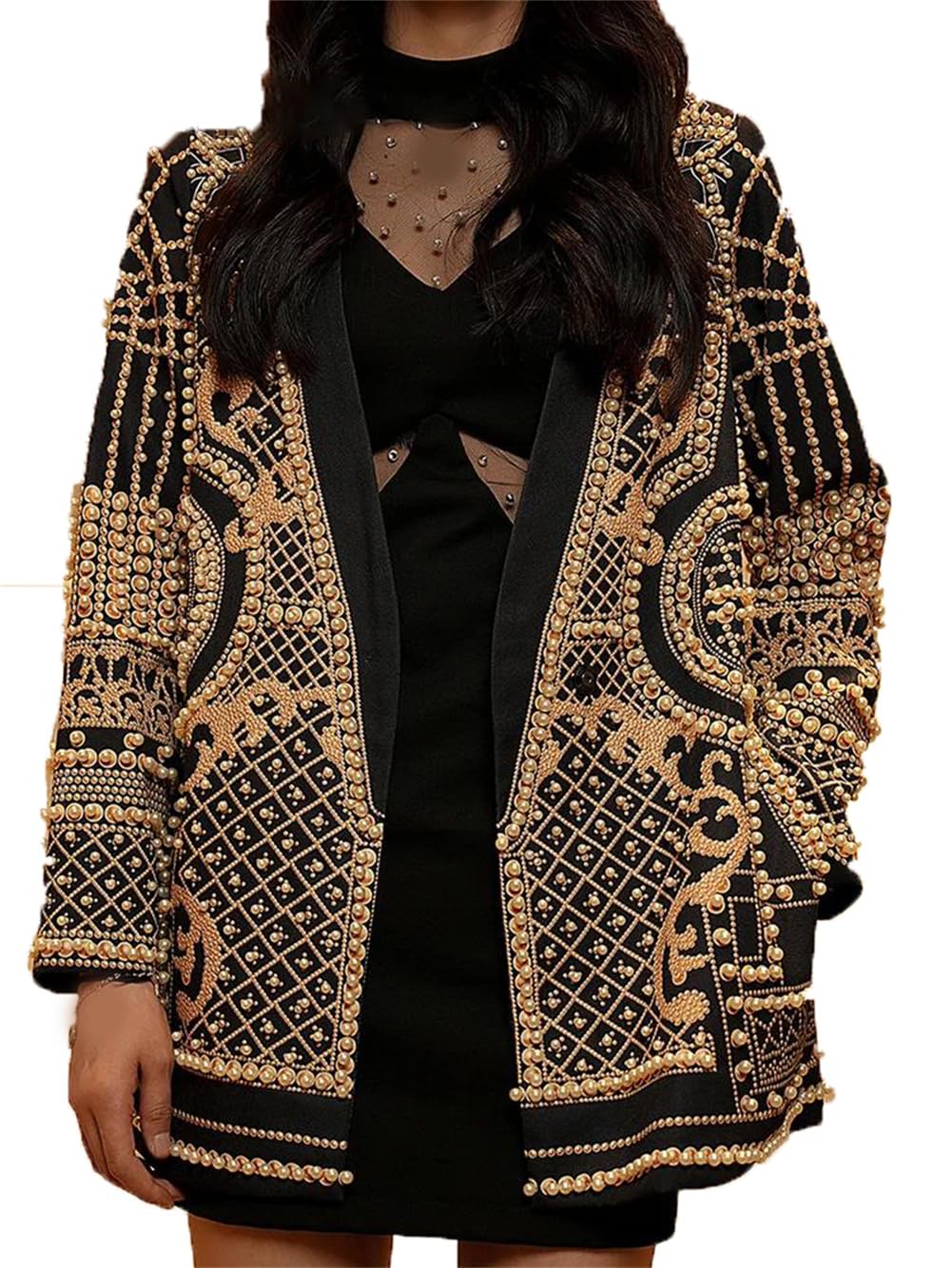 Patchwork Embroidered Beaded Blazers for Women Long Sleeve Hit Color V Neck Suit Jacket