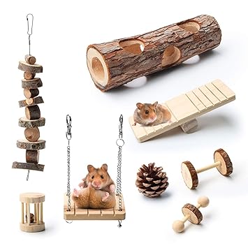 Coolrunner Hamster Chew Toys, 8 Pack Hamster Toy Accessories with Dumbbell, Unicycle, Ball Swing, Hollow Tree Trunk, Pine Cones, Bell Roller, Seesaw, and Molar String, Teeth Care Molar Toy