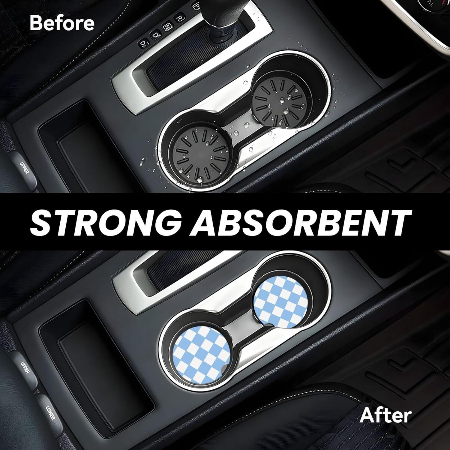 Blue White Checkered Car Cup Coaster 2 Pack Ceramic Absorbent Car Coasters 2.56 Inch Non-Slip Car Cup Holder Interior Car Accessories for Women Girls Cup Mats with Cork Base and Finger Notch image 4