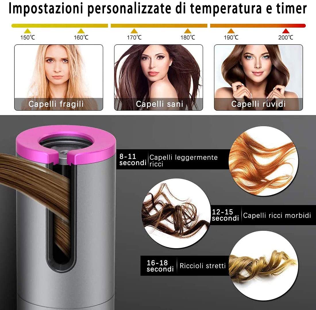 Unbound - Rizador de pelo inalámbrico de cerámica giratorio automático, recargable por USB, pantalla LED, temperatura