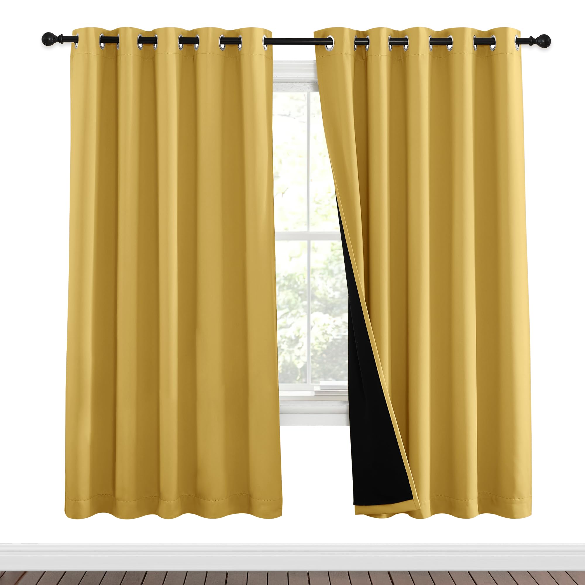 NICETOWN Bright Yellow Full Shade Curtain Panels, Pair of Energy Smart &amp; Noise Blocking Out Blackout Drapes for Dining Room Window, Thermal Insulated Guest Room Lined Window Dressing(62 x 72 inch)