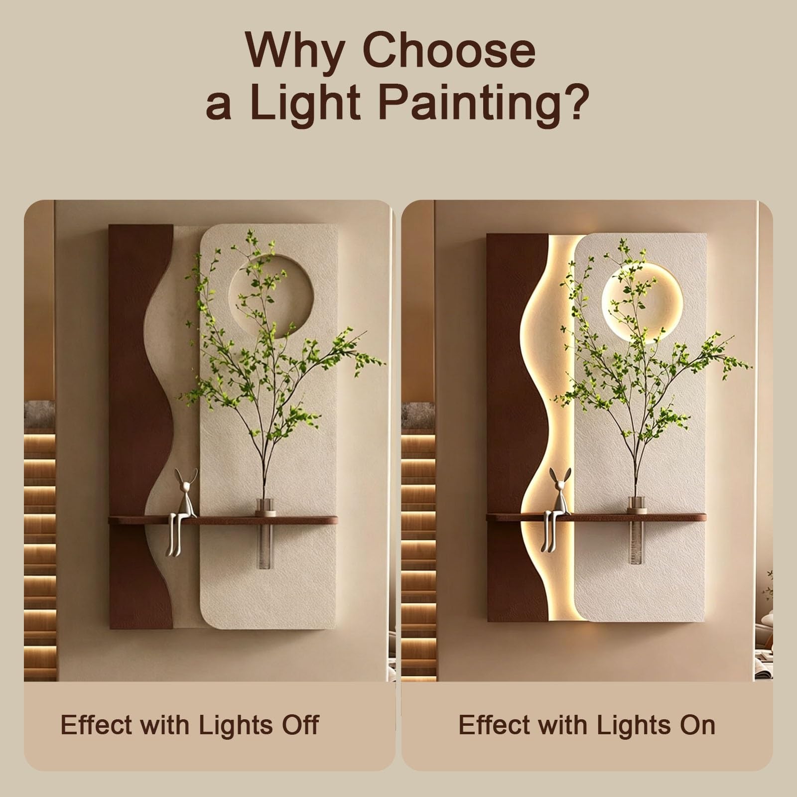 Decorazione murale 3D con illuminazione a LED, scultura in arenaria con vaso in vetro e pianta artificiale, decorazione moderna per ingresso, soggiorno, corridoio e ufficio. (D, 50 * 90 cm / 19,7 * 3