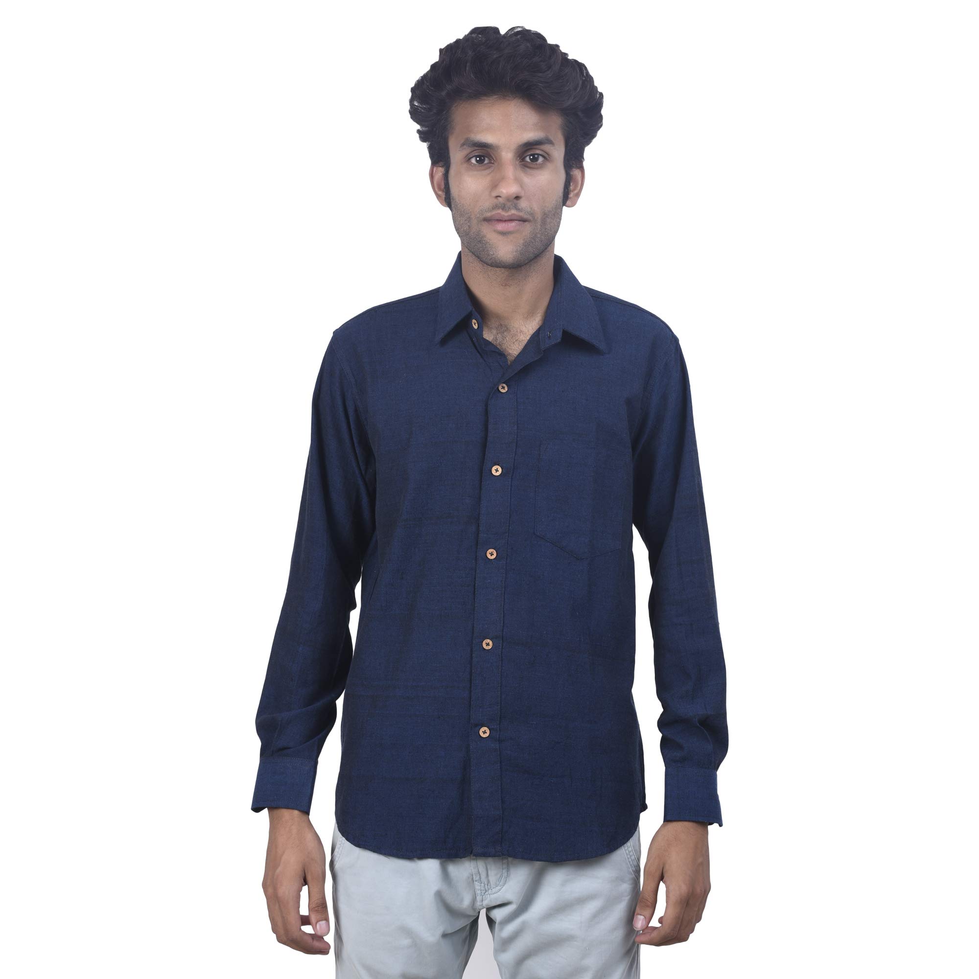 Tribes IndiaHandmade Mens' Cotton Navy Blue Full Length Shirt (Size :