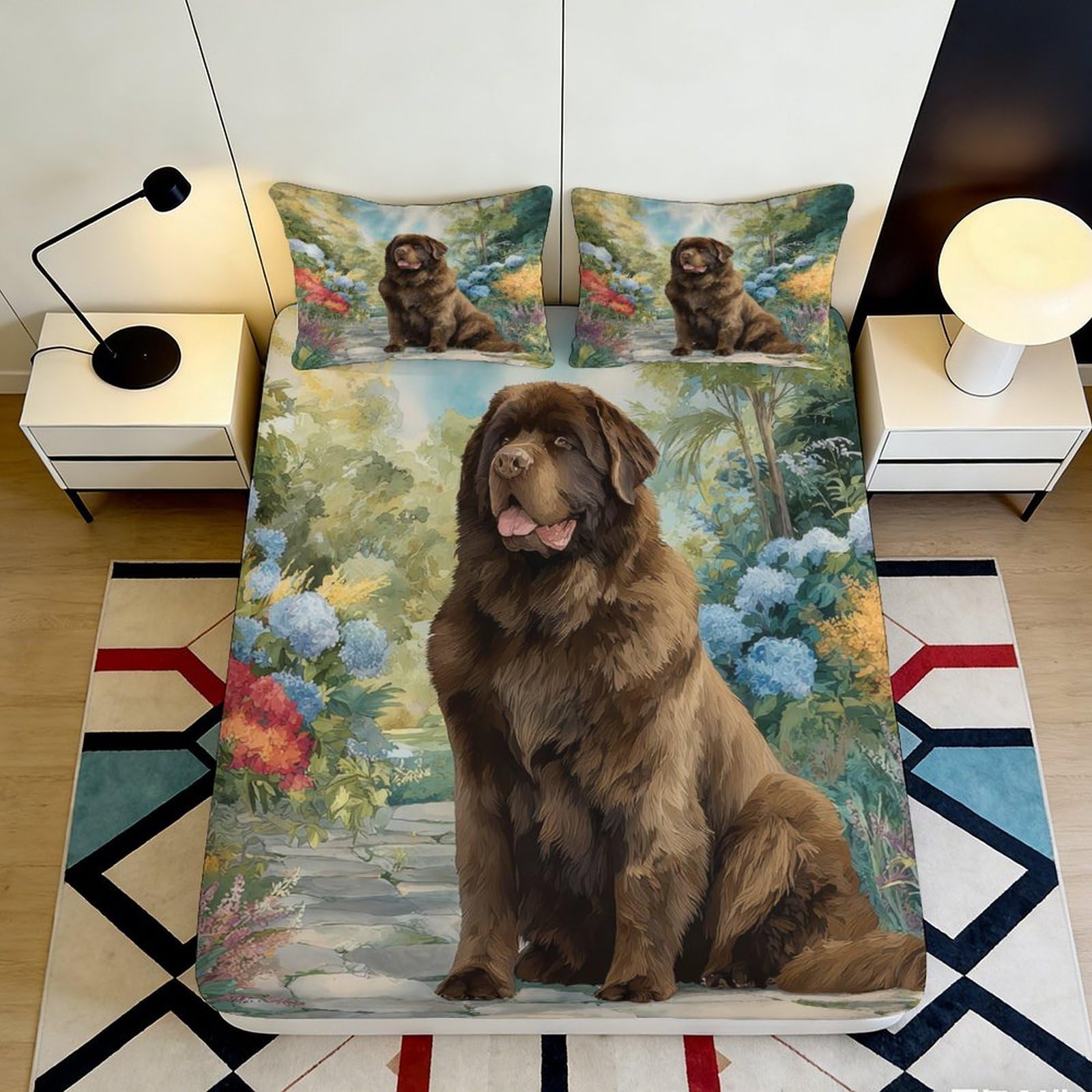 3D Printed Brown Dog Pattern Fitted Sheet Microfiber Deep Pocket Bedroom Bedding Set Brown Newfoundland Mattress Fitted Cover Soft Breathable 120x200x25cm