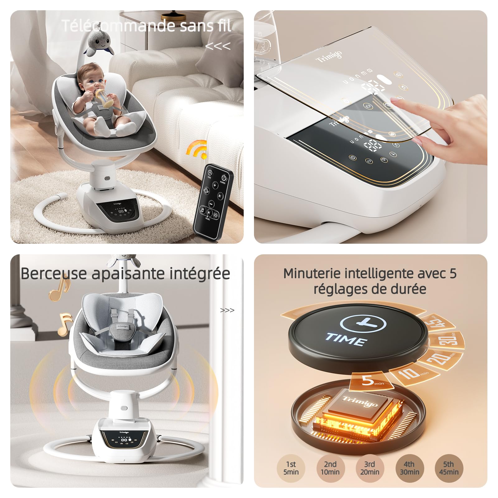 silla bebé eléctrica 180° ajustable 3D con mando a distancia, 5 modos, 4 velocidades, 3 alturas de asiento, 8 canciones de calma, columpio bebé 0-12 meses (color gris)