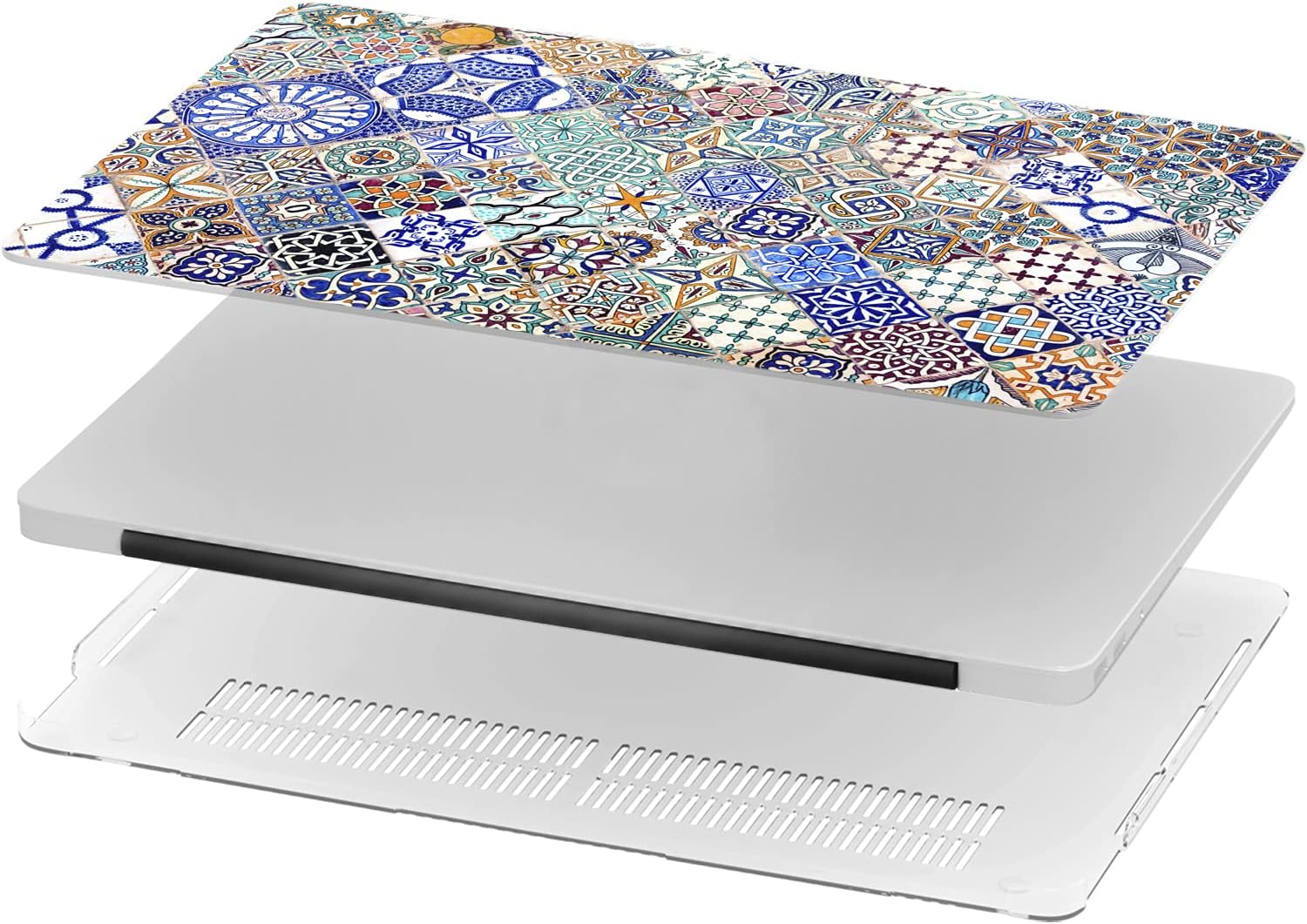 Mertak Hard Case Compatible with MacBook Pro 16 14 Air 15 13 inch M3 M2 M1 Mac 2024 2023 2022 2018 Plastic Clear Bohemian Pattern Mosaic Protective Moroccan Tiles Cover Laptop Print Blue Ethnic