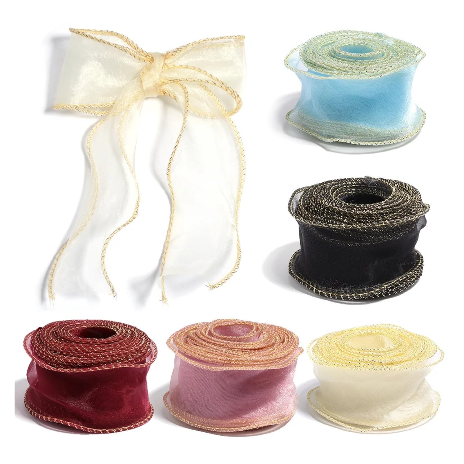 Lot de 5 rubans en mousseline de soie doré pour emballage de gâteaux, accessoires de vêtements, chaussures, chapeaux, décorations pour emballage cadeau, décoration de vacances