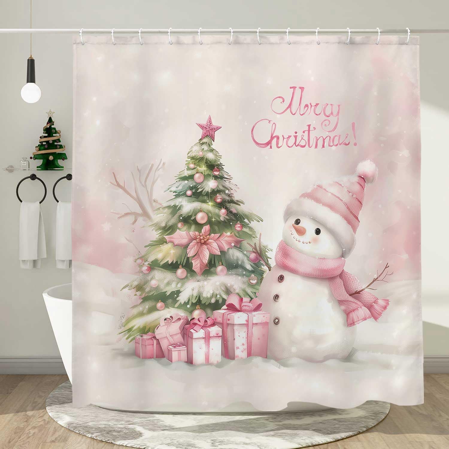 Pink Christmas Tree Snowman Shower Curtain, Cute Xmas Winter Pine Snowflake Fabric Shower Curtains Set for Girls Women Bathroom Decorative, Holiday Restroom Decor Accessories with Hooks 72X72 inch