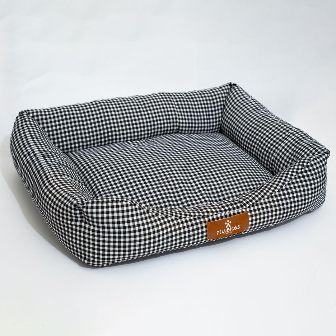 Cama Negra para Perro y Mascota – Diseño Vichy – 70% Algodón y 30% Poliéster – 3 Tallas S, M y L – Cama Cómoda para Perros