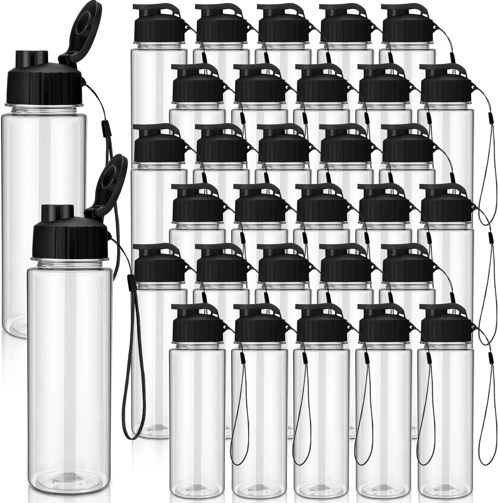Maxcheck 30 Pieces Water Bottle Bulk 17 oz Plastic Sports Water Bottles Bulk with Handle Strap Lightweight Leakproof Drink Flip Top for Adults Fit Gym(Classic Style,Black)