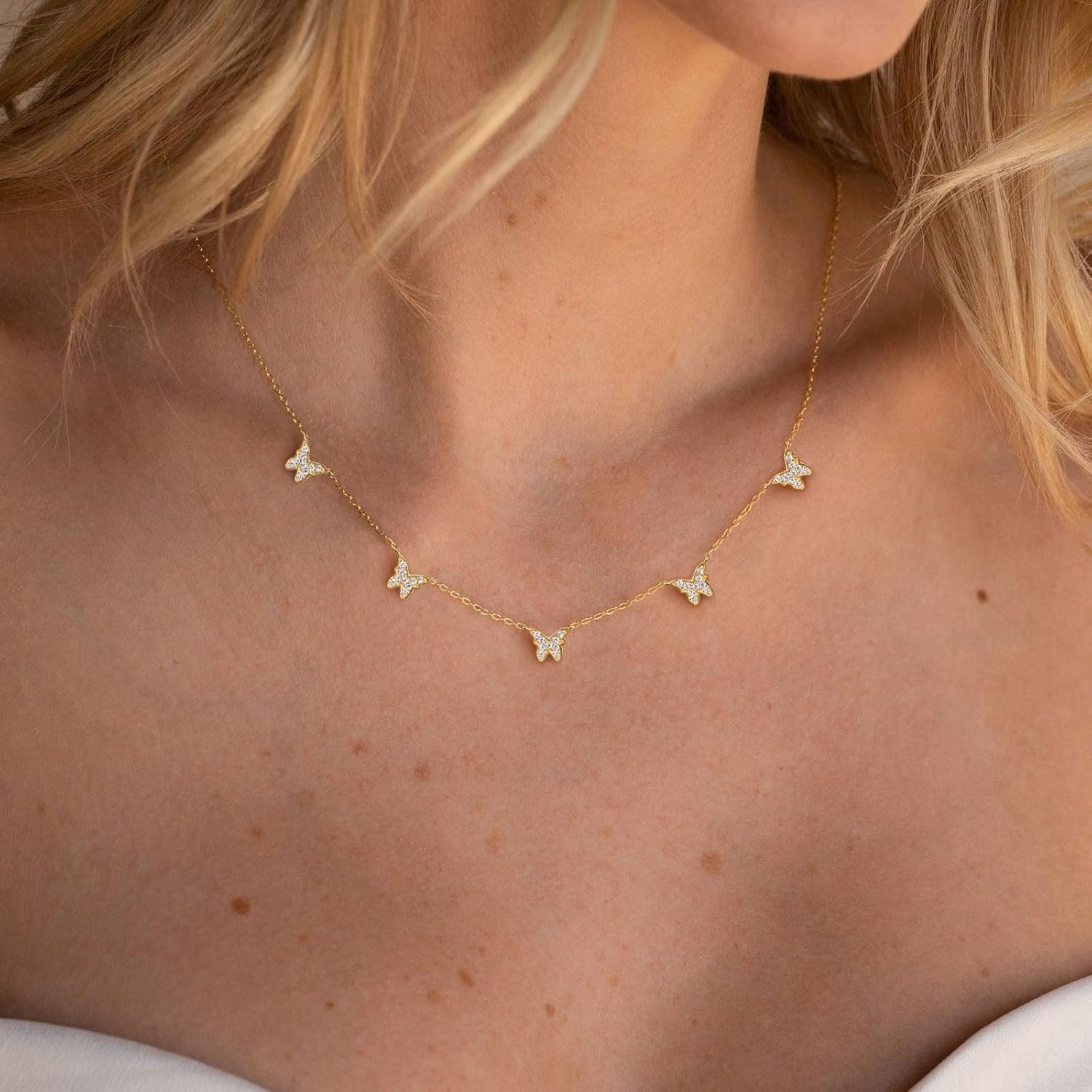 VRIUA Necklaces for Women - 14K Gold/Silver Plated Dainty Chain Necklace with Five Charms: Diamond, Bow, Snowflake, Cross, Flower, Clover, Butterfly, Heart, Star of David, and Star Trendy Jewelry - Image 2