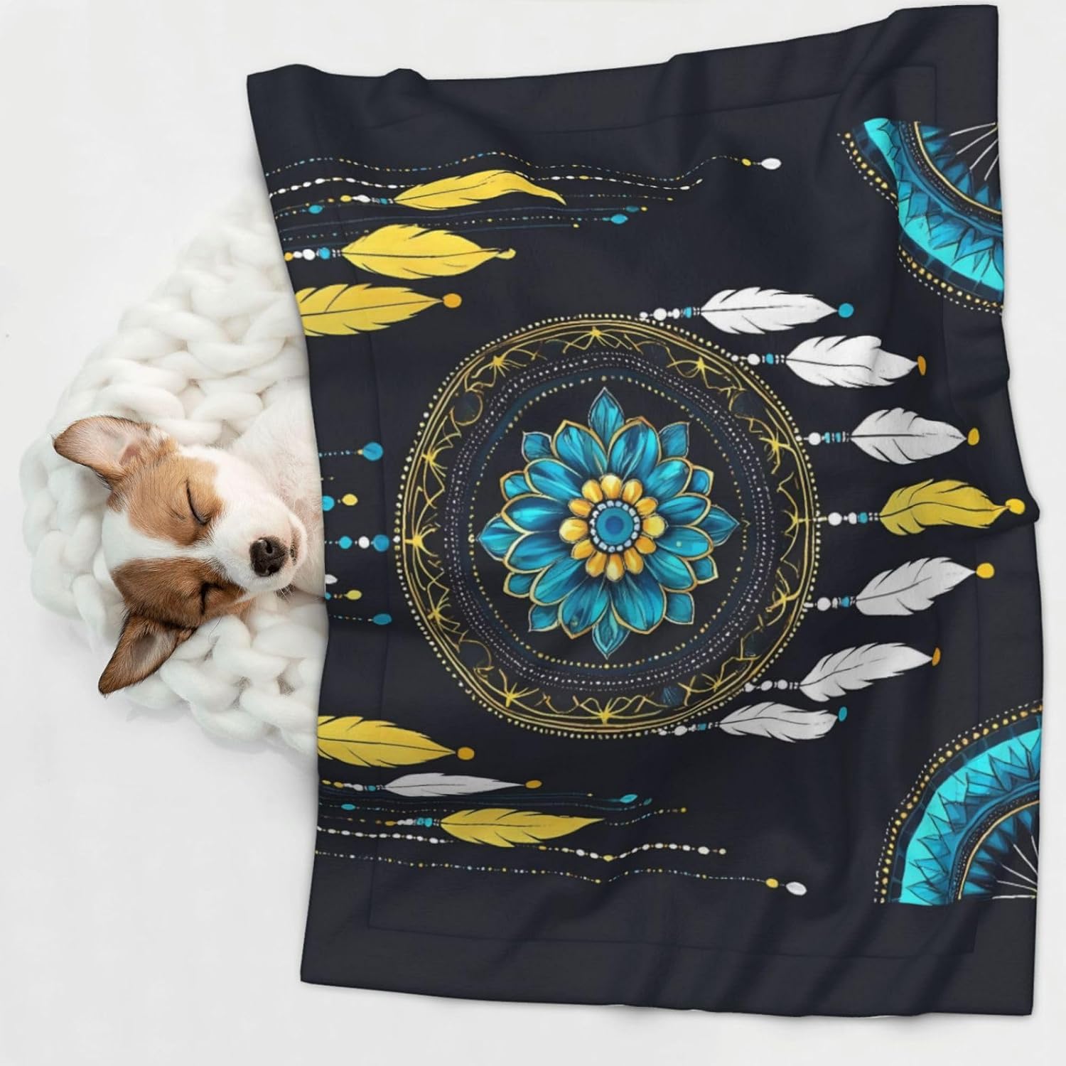 Boho Dreamcatcher Print Soft Plush Pet Blanket, Washable Dog Blanket, Cat Fleece Throw, Puppy Bed Crate Mat & Sofa Couch Protector - Large