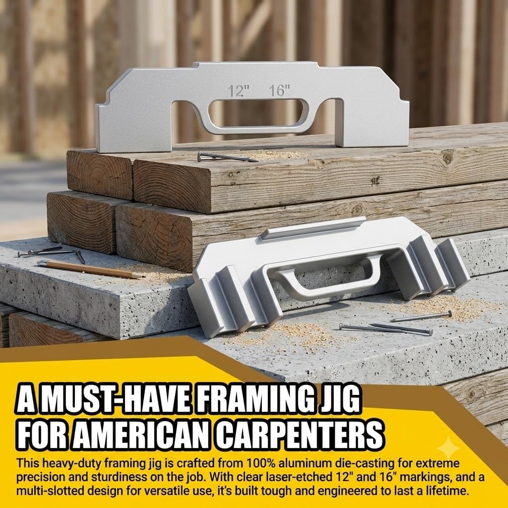 2 Pcs Framing Tools, 3 in 1 Stud Layout Tool for 12", 14" & 16" On-Center Spacing, 100% Cast Aluminum Framing Jig, Measurement Tool for Walls, Roofs, Floors and Ladders（Sliver）