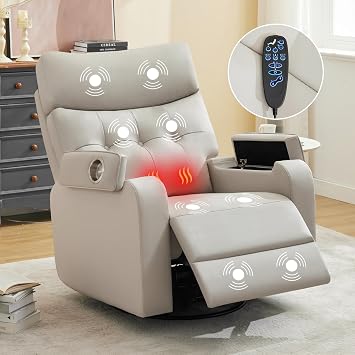 Power Swivel Rocker Recliner with Massage & Heat,Leather Glider Recliner