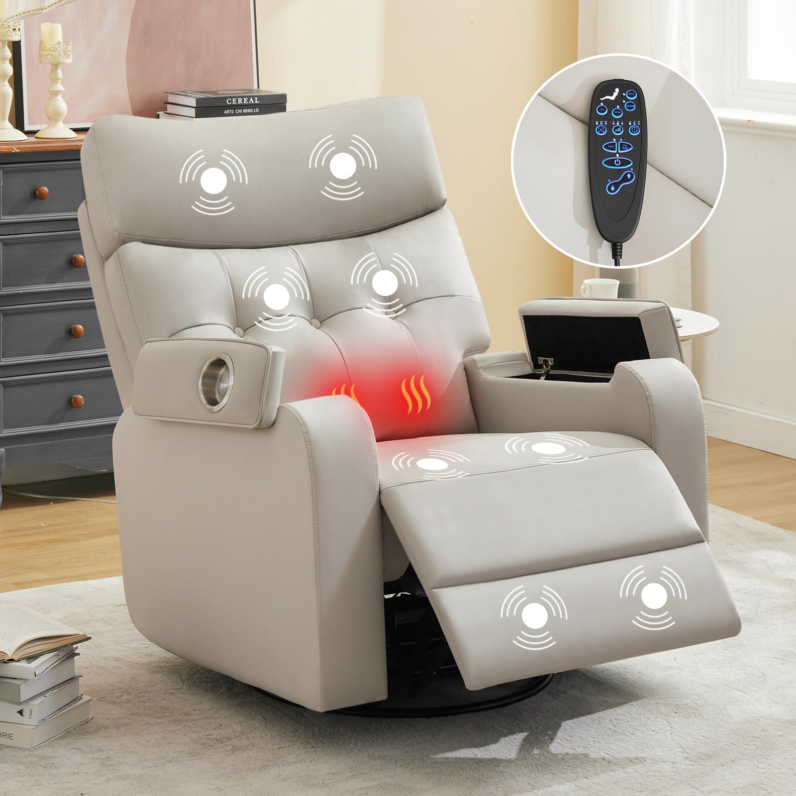 Power Swivel Rocker Recliner with Massage & Heat,Leather Glider Recliner | Electric Rocking Recliner with Type-C Port&Timing,Power Swivel Reclining