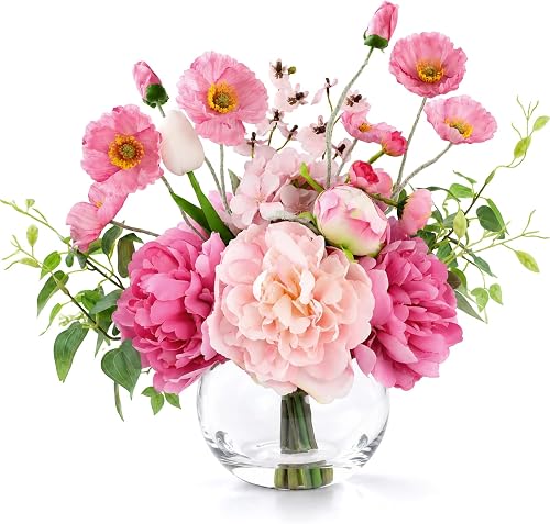 Artificial Flowers in Vase,Realistic Silk Peonies and Tulip Faux Flowers with Faux Water,Perfect for Table Centerpiece,Wedding,Fuchsia Fake Peonies in Vase for Floral Arrangements