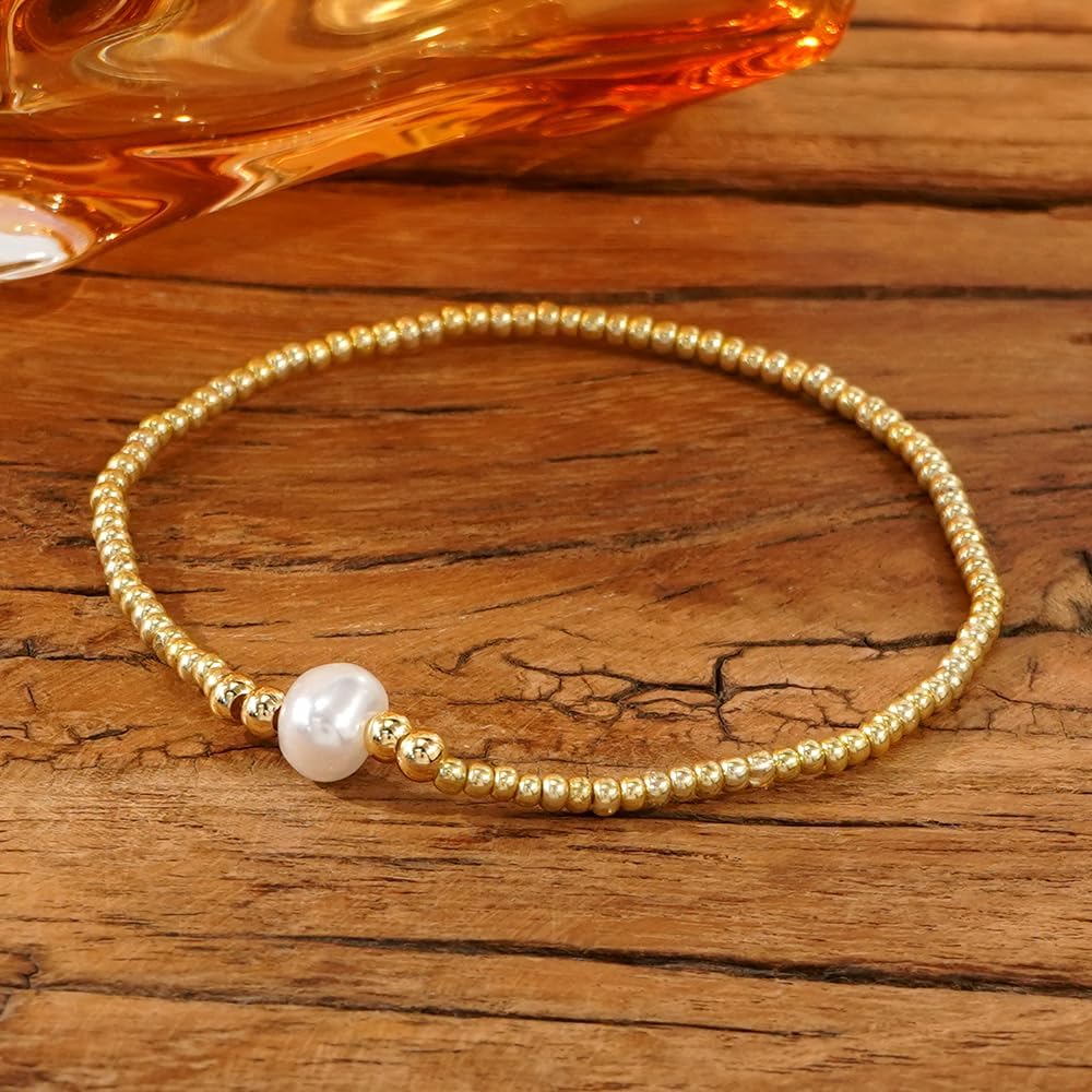 Trendy Pearls White Elastic Bracelets for Women Dainty Handmade Gemstone Gold Silver Plated Beads Bracelet Charm Jewelry Fashion Couple Friendship Gift - Image 5