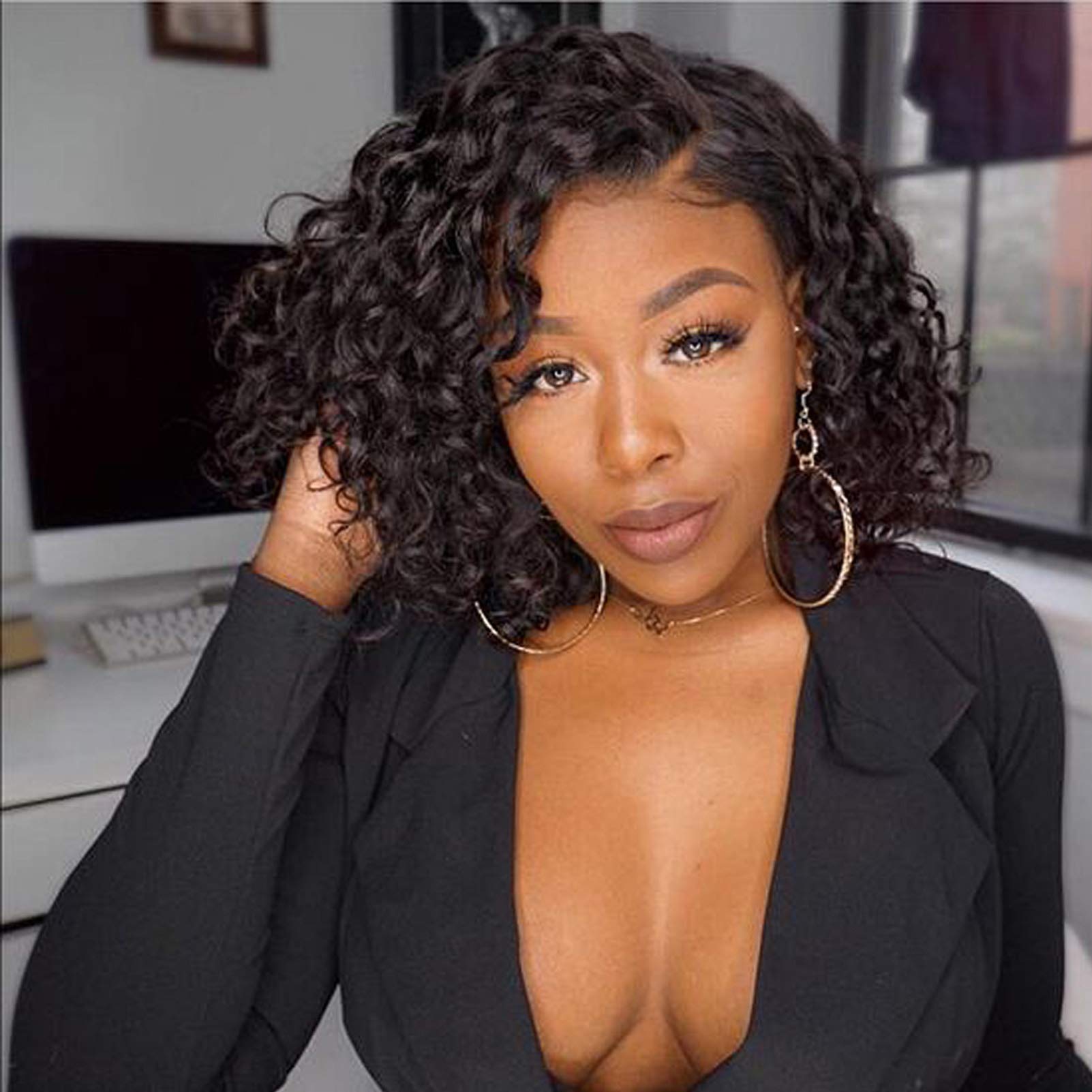 Glueless Human Hair Short Bob Curly Lace Front Wigs with Baby Hair Natural Color Brazilian Virgin Human Hair Wigs With Baby Hair for Black Women (12", lace front wig)