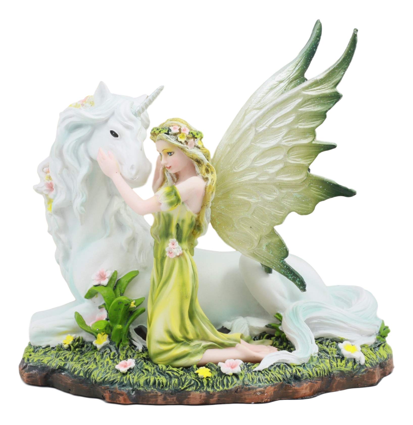 Ebros Gift Green Earth Gaia Fairy with Rare Floral White Unicorn Statue Decor Figurine 7" Long Unicorns Glade Enchanted Magical Encounter Collectible