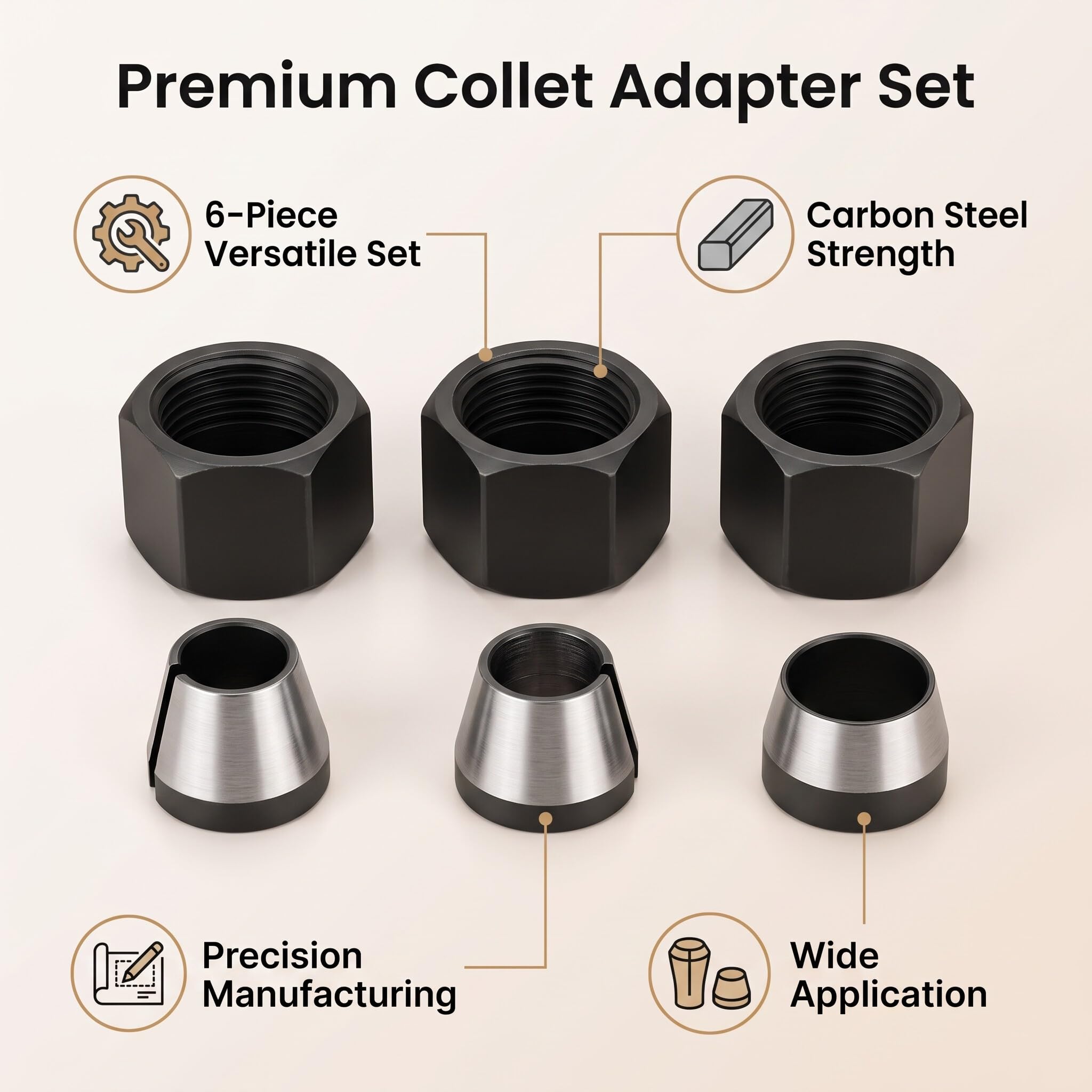 ROUTER COLLET, 6PCS 6 Mm 6,35 Mm 8 Mm Stal Węglowa z Nakrętnymi Adapterami Zakłada ROUTER BIT do Obróbki Drewna Narzędziem do Grawerowania Grawerowania