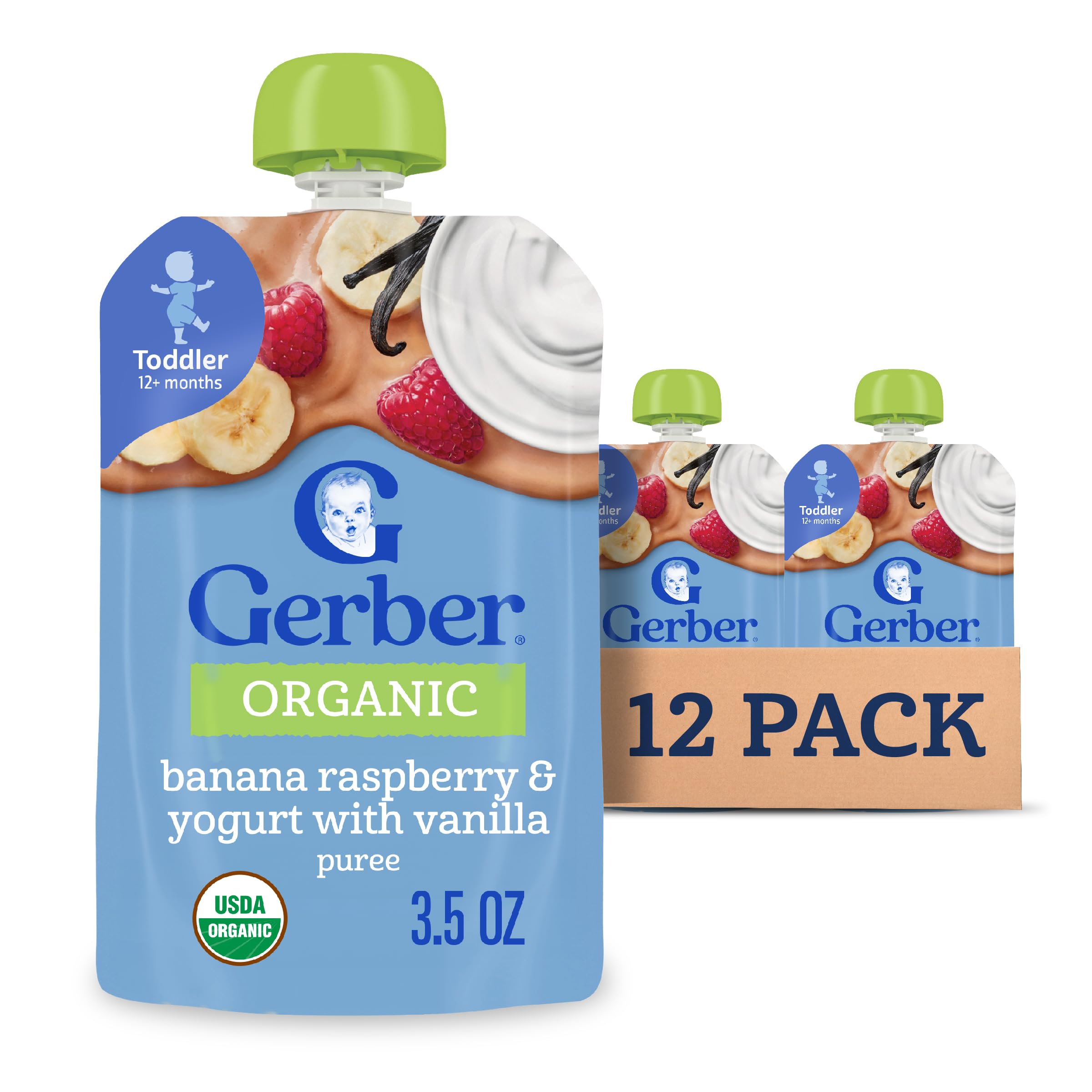 GerberToddler Food, Organic Banana Raspberry Yogurt with Vanilla Puree Pouch, Toddler Pouches, No Added Sweetener, No Artificial Colors or Flavors, 12-PackUSDA Organic