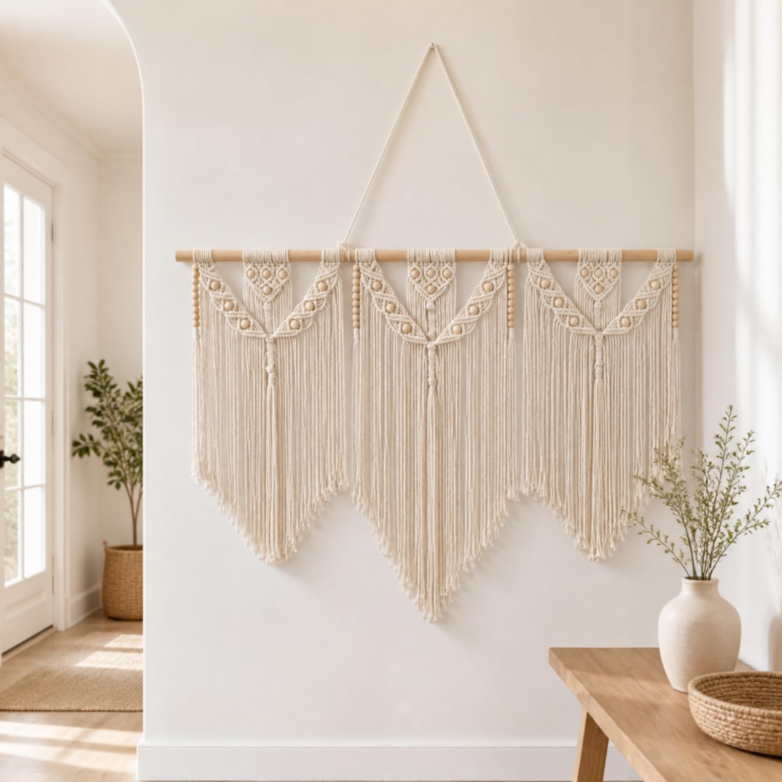 Milageto Colgante Pared Cuerda Algodón a Mano Colgante Pared con Varilla Versátil Tapiz Macramé para Salones, Estilo B