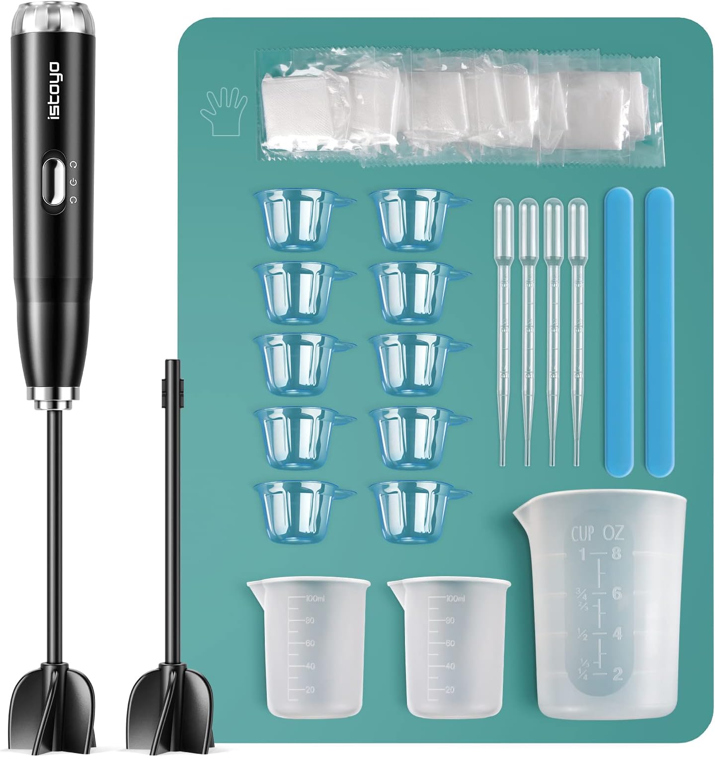 ISTOYO Silicone Measuring Cups Resin Supplies, 250ml & 100ml Resin Mixing Cups and Tools Kits, Silicone Mat, Pipettes, Gloves, Resin Mixer and Silicone Stir Sticks, Resin Molds, Soap Making Kit