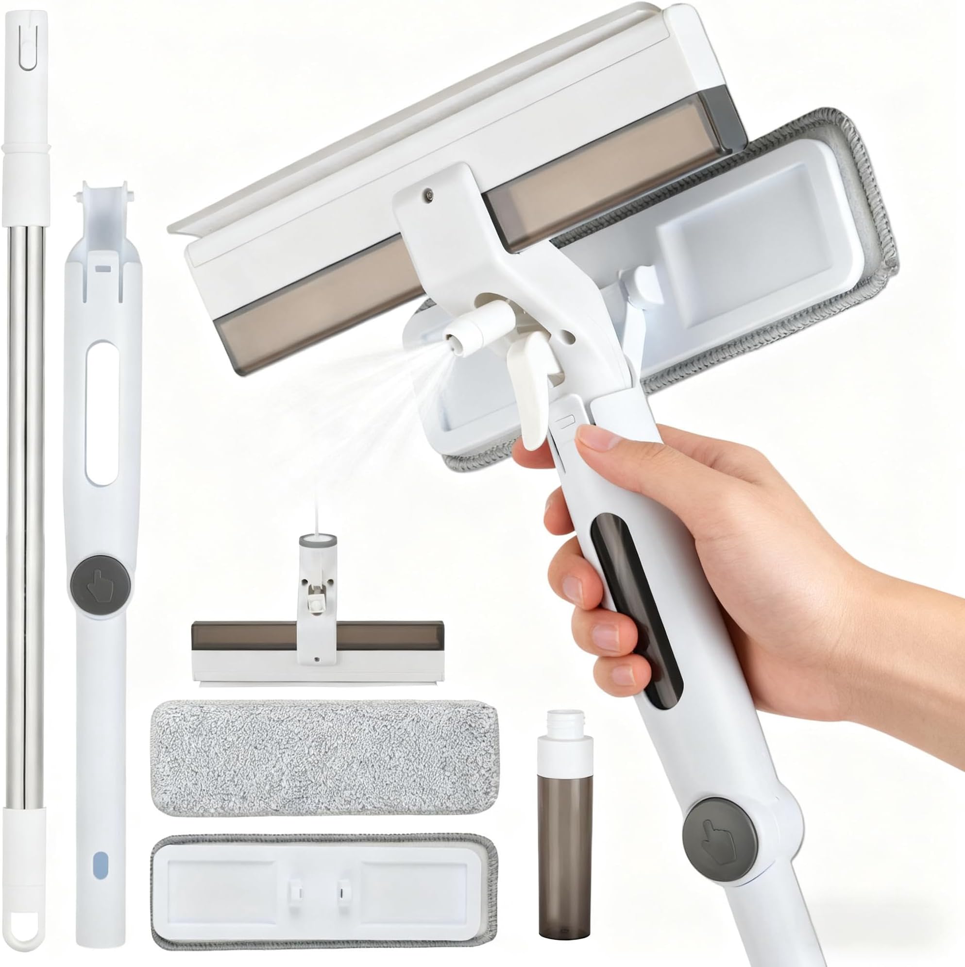 5-in-1 Window Squeegee with Spray & Telescopic Pole – No Drip Window Cleaning Kit for High Rise & Shower Glass, Includes 3 Microfiber Pads, Auto Water Absorption, Indoor/Outdoor Use