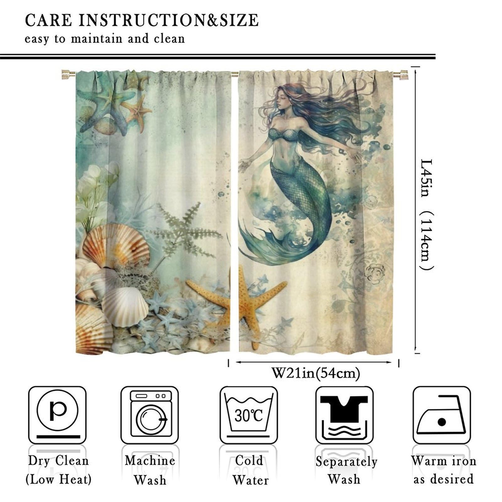 Vintage Mermaid Curtains, Medieval Art Hand Drawn Abstract Ocean Shell Starfish Seabed View Drapes for Child Teen Girl, Blackout Rod Pocket Window Treatments for Living Room Bedroom Bathroom 42x45in