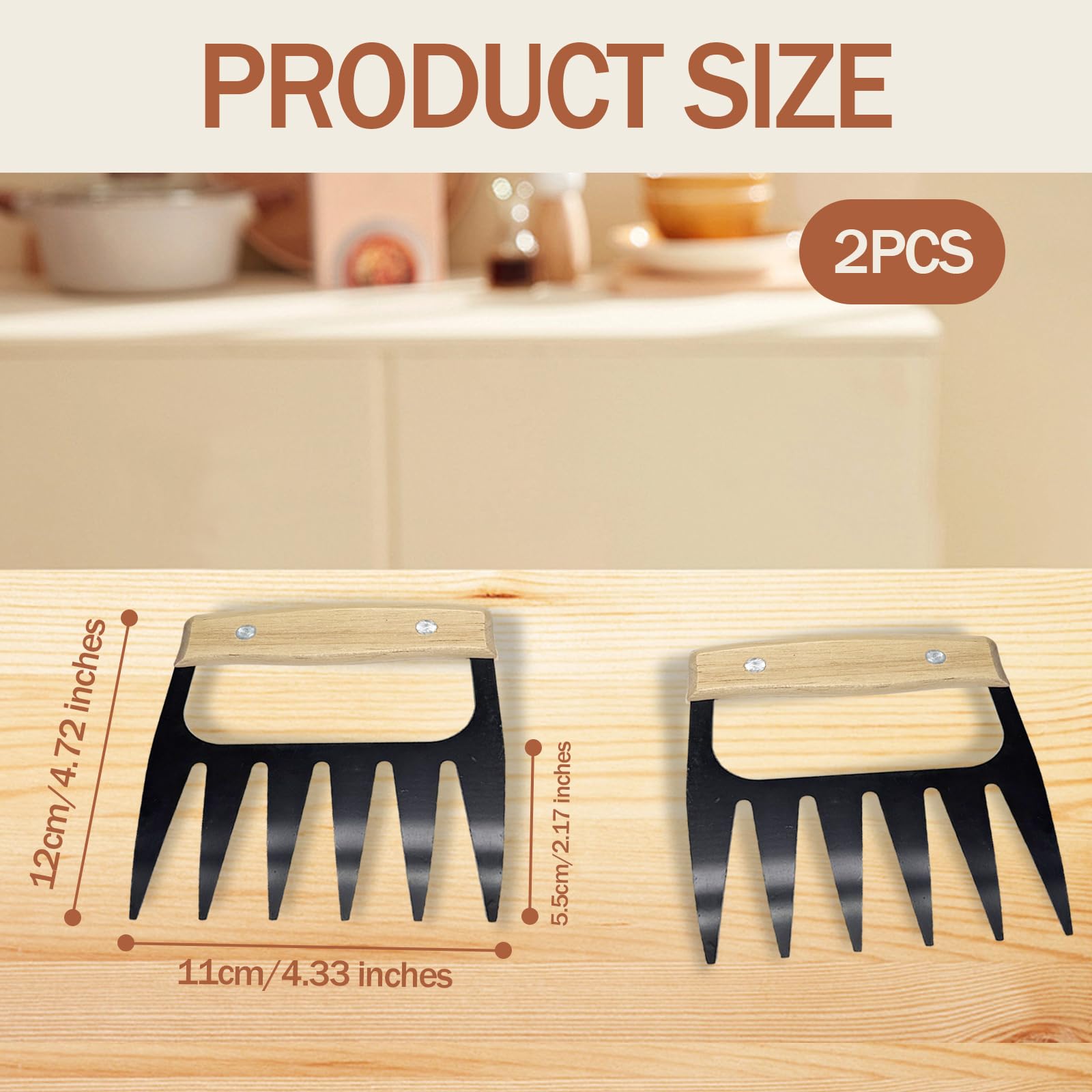 2 Pieces Meat Shredder Bear Claws with Wooden Handles – Chicken Shredder Tool for Pulled Pork, BBQ Meat Shredding, Barbecue Accessories, BBQ Gadgets — view 6