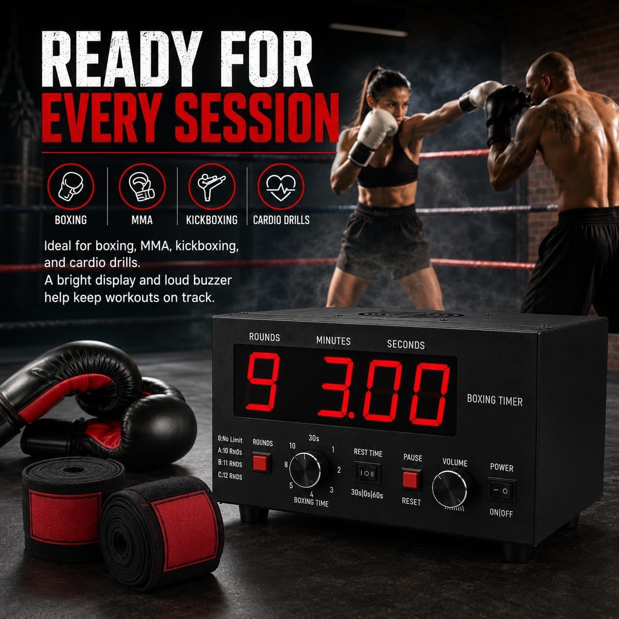Timer portatile a intervalli di boxe, display a LED, 1-12 o giri illimitati