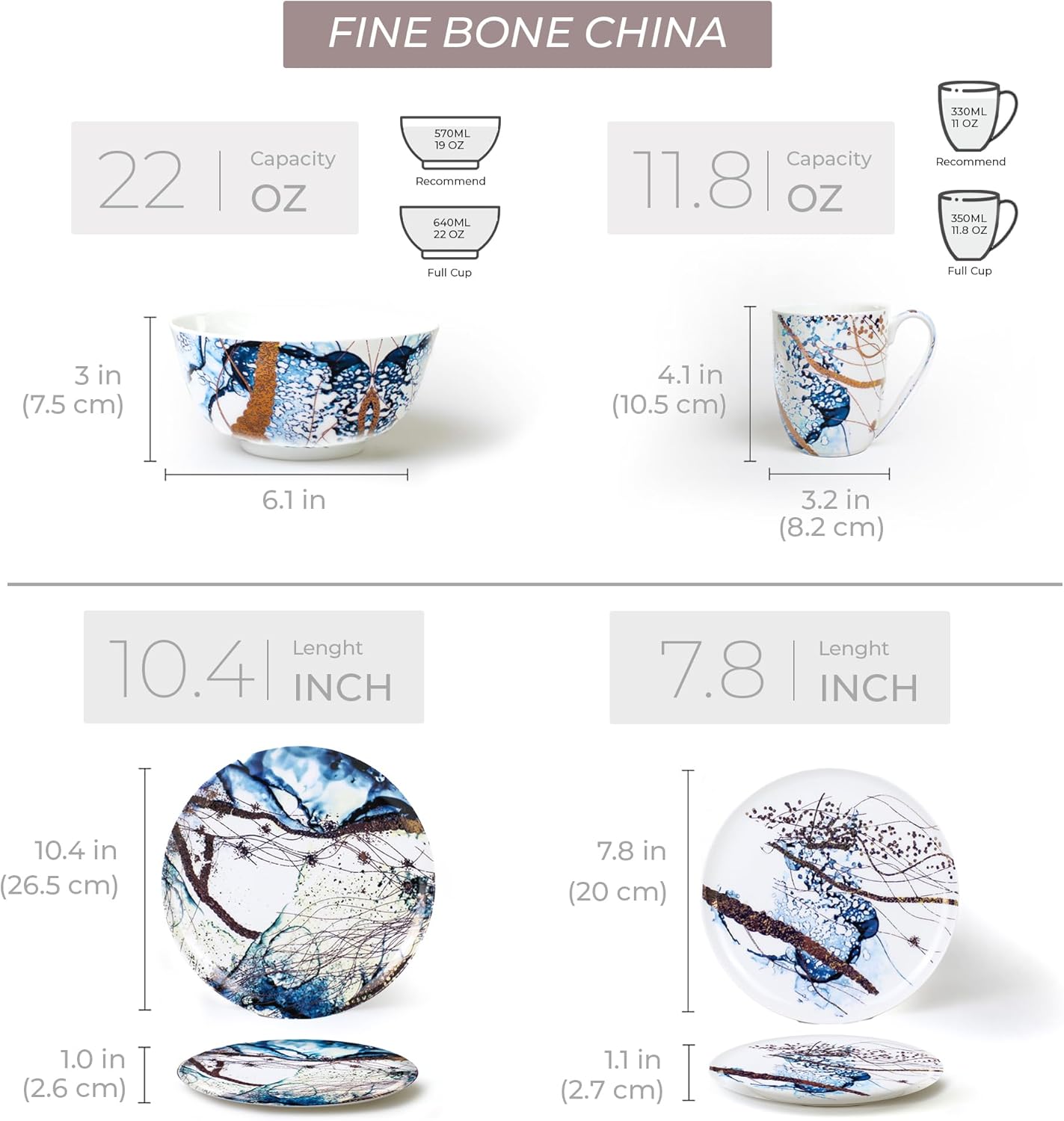 KOKEN - Ocean Blue 16 Piece Dinnerware Set (Service for 4) fine bone china - Dish Plates and Bowls Sets, Service for 4, Dinner Salad Dessert Plates, and Cereal Bowls Set, Blue - Microwave safe