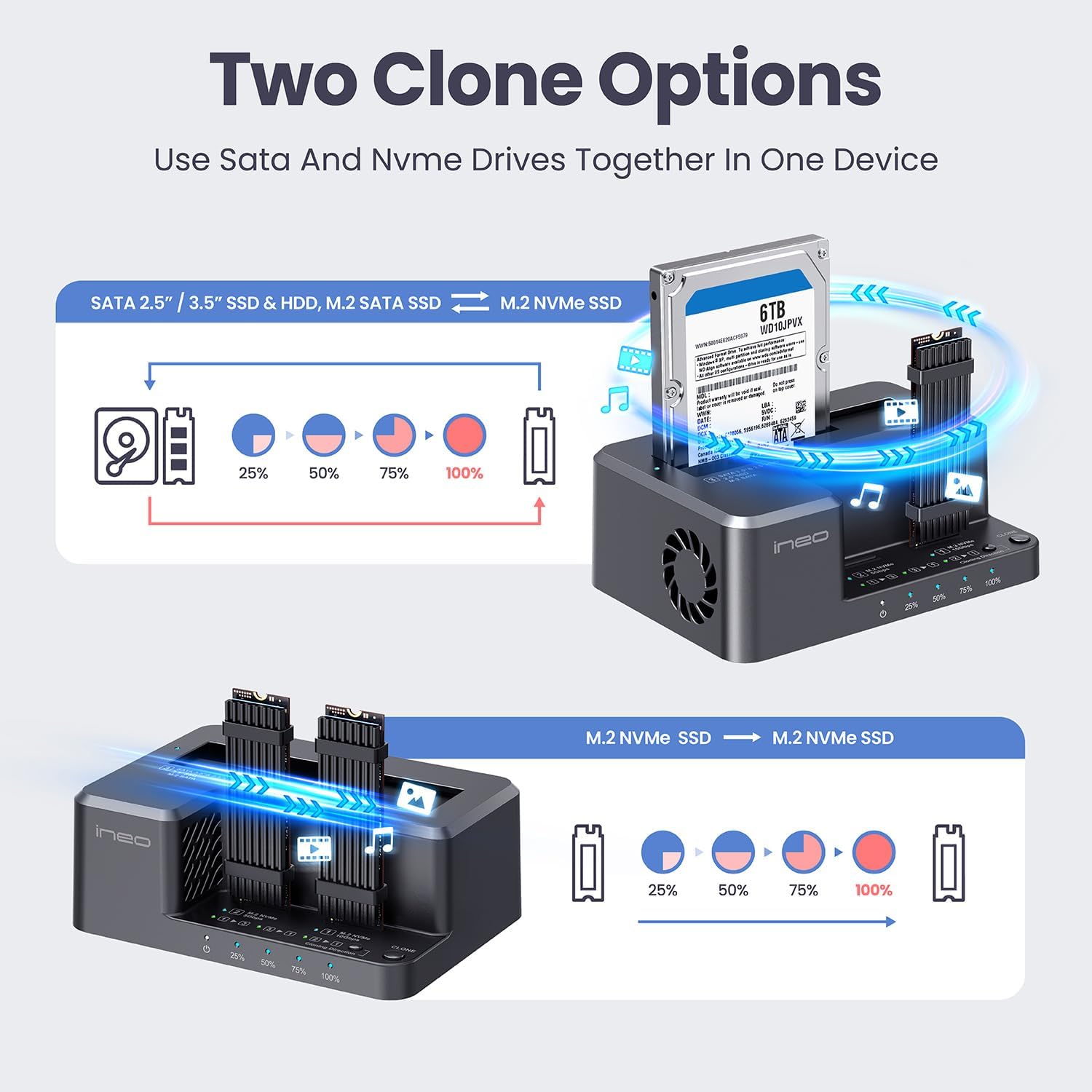 ineo HDD Docking Station, USB-C, Supports SATA 3.5"/2.5" and M.2 NVMe/SATA SSD, Offline Clone Function [2638-II]