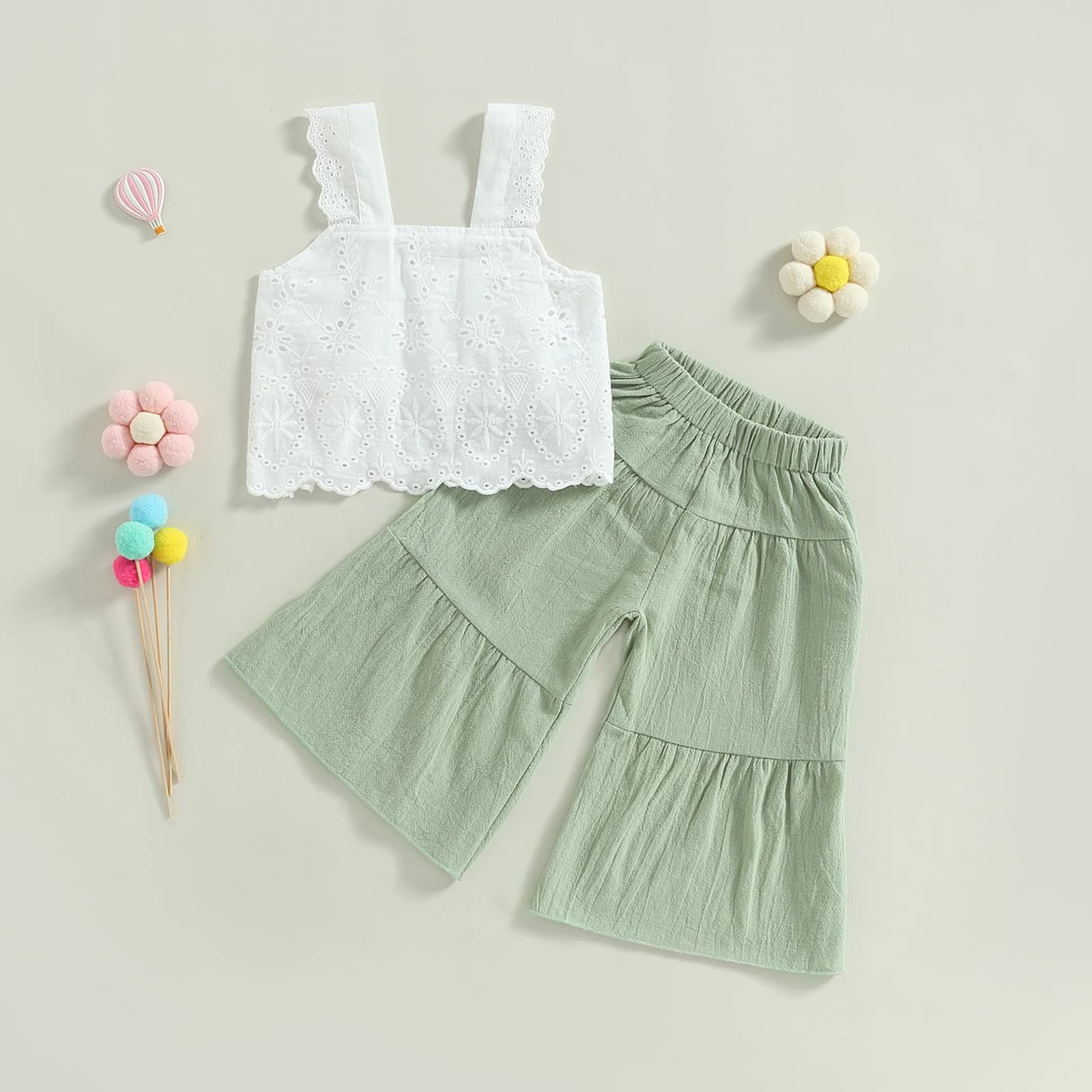 2PCS Baby Girl Sleeveless Strap Lace Crop Vest Tops + Flared Wide-Leg Pants Toddler Summer Outfits Set Clothes (Green, 18-24 Months)