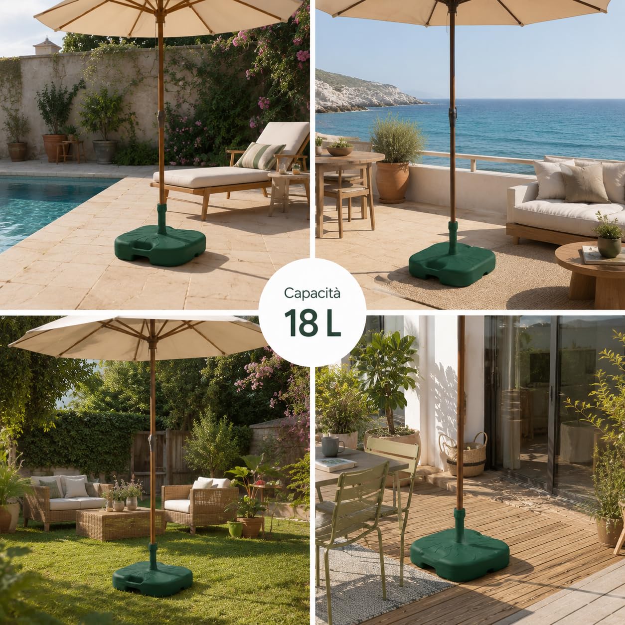Base Supporto Ombrellone da Giardino 45x45x16h cm PP 18L Maniglie Diametro Tubo 21-33mm Esterno Resistente Riempire Verde