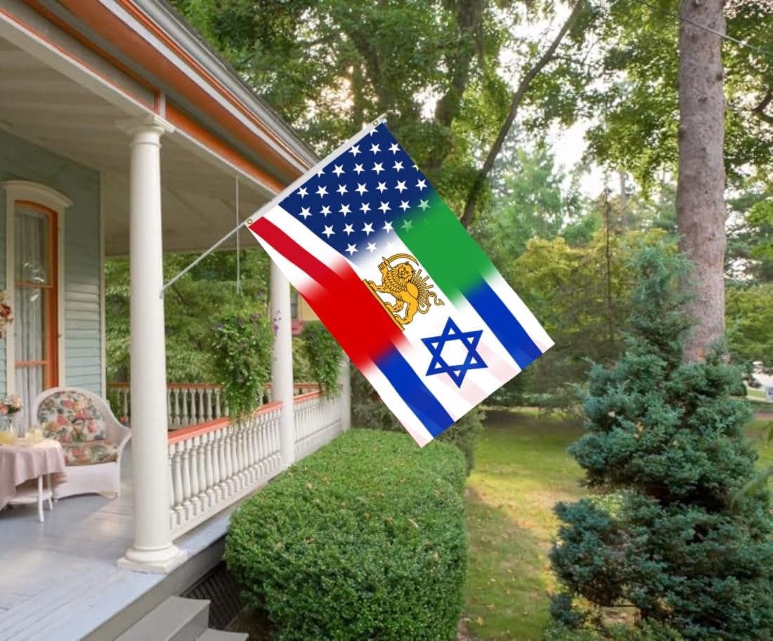 America Iran Israel Combo Flag 3X5FT, Double Sided 3Ply, Funny American Friendship Flags, Men Women Banner,Vibrant Colors, Double Stitched with 2 Brass Grommets, Bar Garden Street Decoration, GYM, Office Decor,Indoor Outdoor Use,Gifts. (X, 3x5ft3ply)
