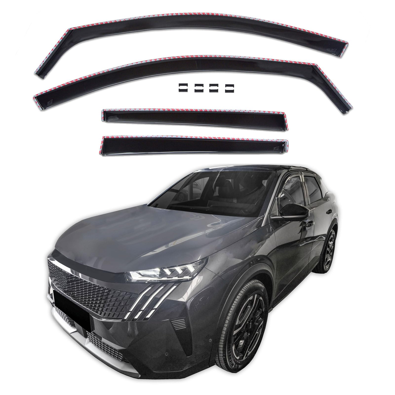 J&J AUTOMOTIVE GD Déflecteurs d'air et de Vent pour Peugeot 3008 / E-3008 Depuis 2023 4pcs, Teintés, Avant et Arrière, Aérodynamique